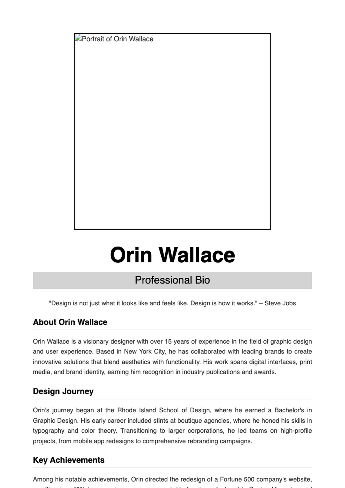 Professional bio document with black and white portrait and dual column layout_variant_2